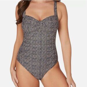 NIP TUCK SWIM Joanne Navy Beige Gold Twist Front 1-Piece Swimsuit Lined Size 12